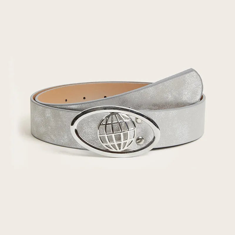 Women's vintage oval buckle belt in grey PU leather with thick width and alloy fastening