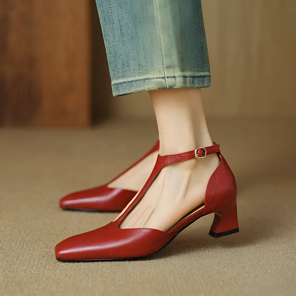 French retro square toe chunky heel wine red sheepskin leather buckle shoes