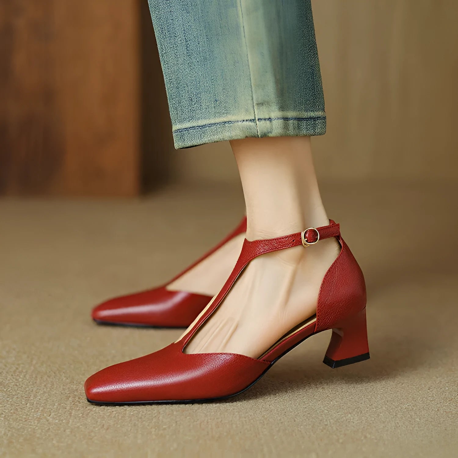 French retro square toe chunky heel wine red sheepskin leather buckle shoes