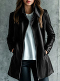Women's black leather-style jacket with a medium 65cm length and long sleeves.