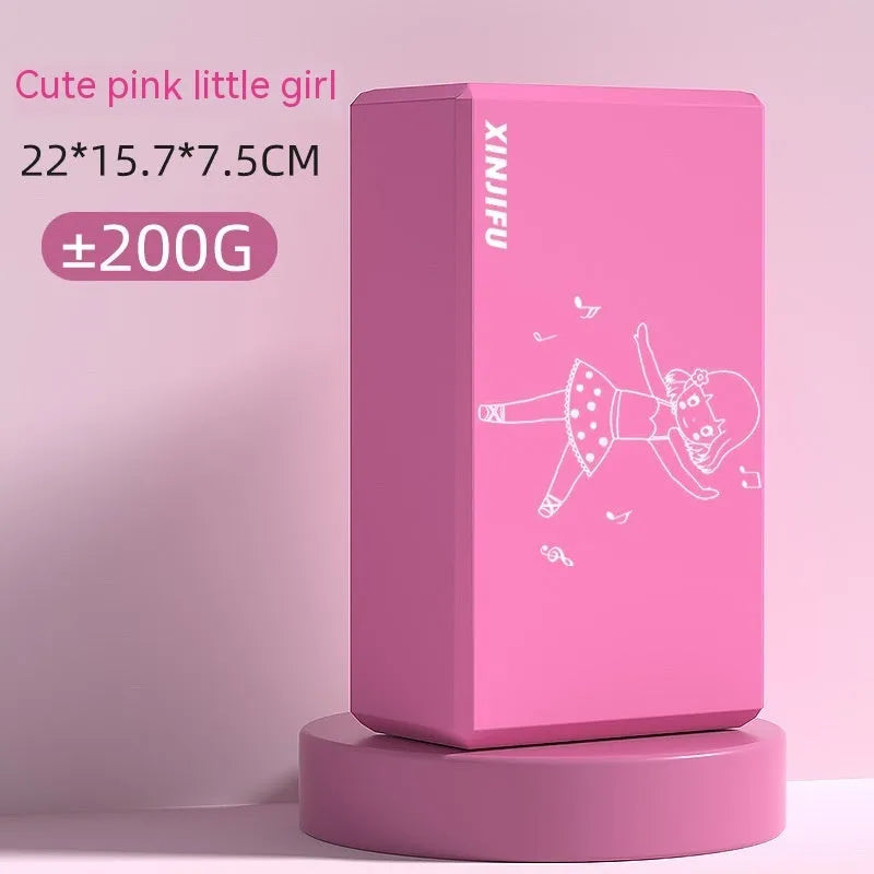 High-density EVA yoga block in pink next to a dark blue block, showing 7.5cm height and printed cartoon design options.
