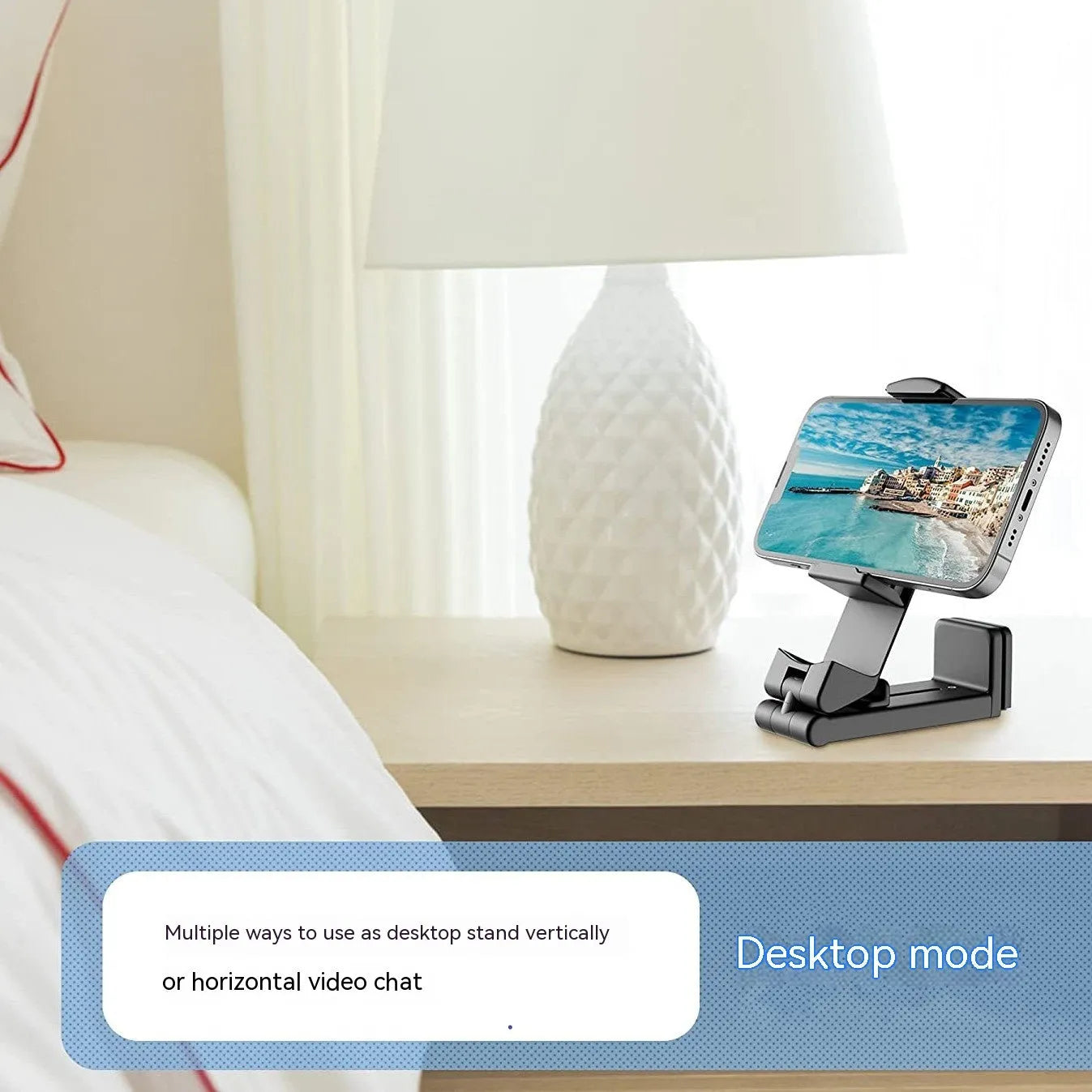 Foldable rotating universal phone holder in black, gray, or green colours on a flat surface