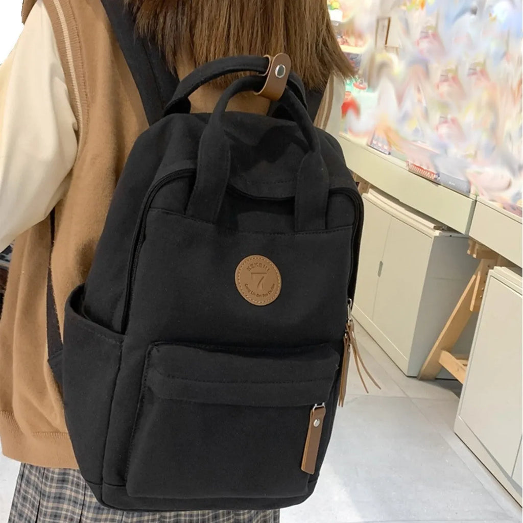 Black Oxford cloth retro fashion backpack with curved shoulder straps