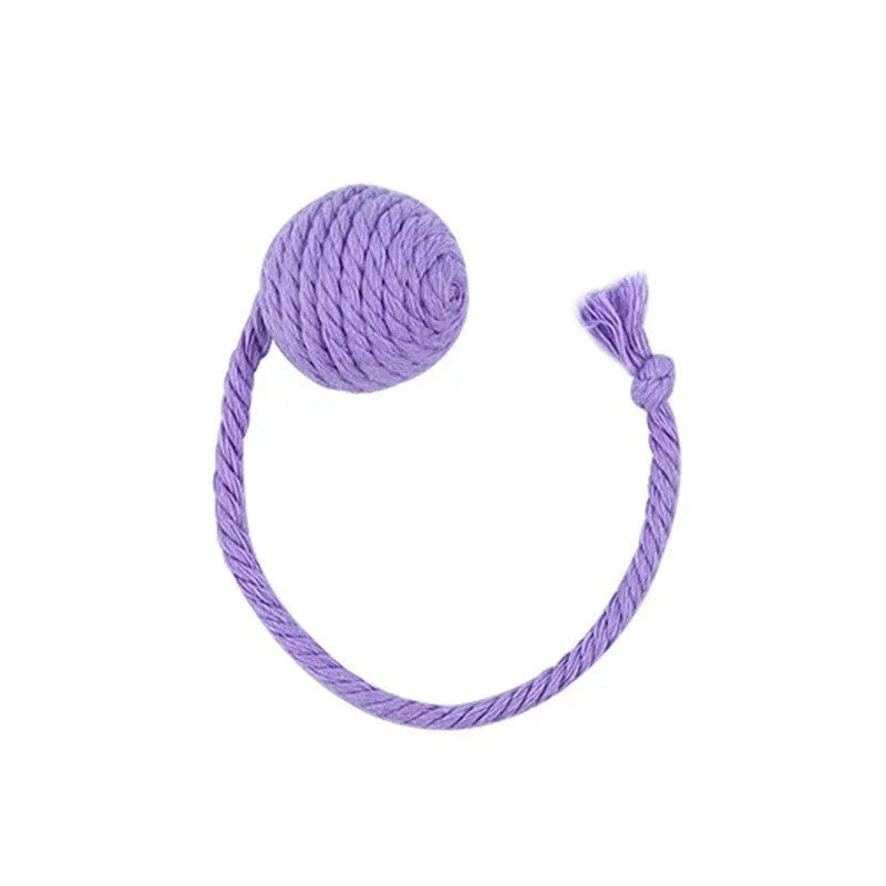 Colourful cat toy ball with rope handle and built-in bell for interactive play