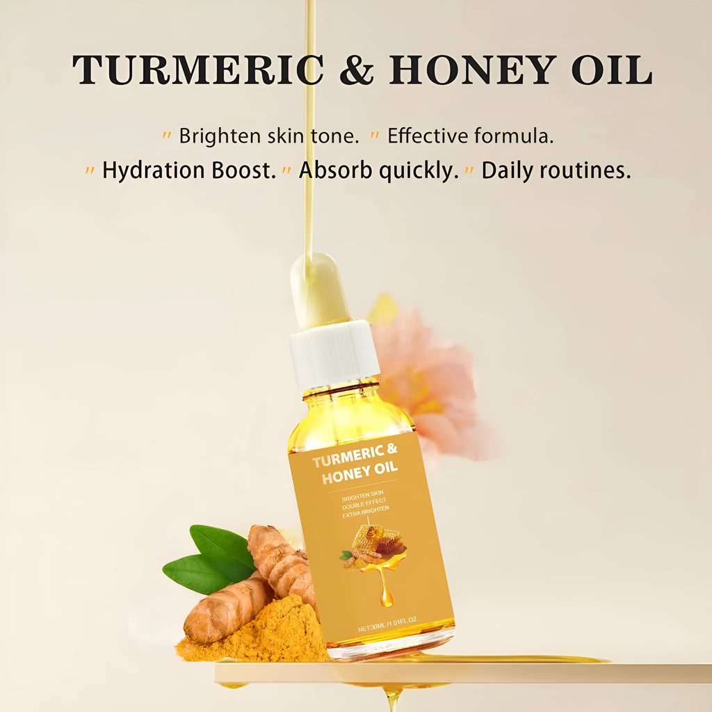 30ml glass bottle of Turmeric Honey Essential Oil with dropper on a neutral background.