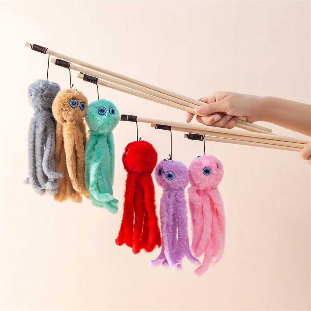Octopus-themed cat toy with long stick handle and moving eyes for indoor play with kittens