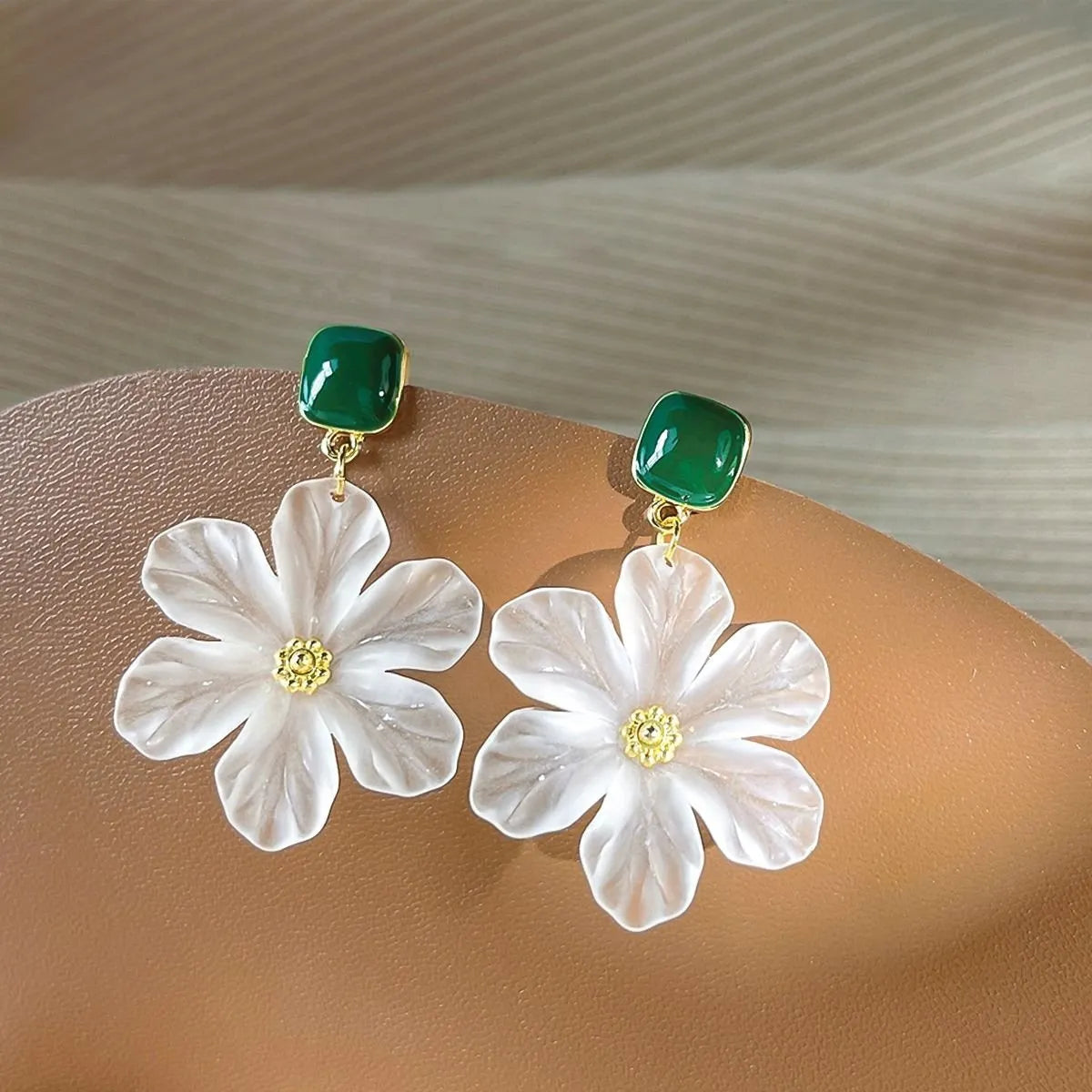 Dark green alloy earrings with detailed needle flowers sweet design for women