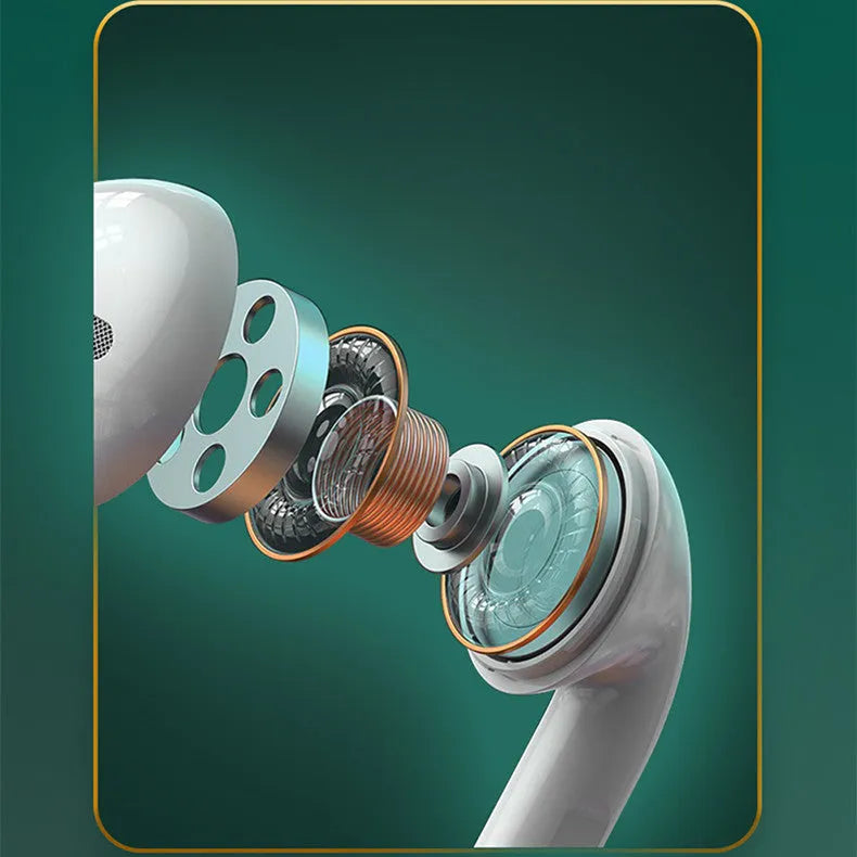 White Budz5 wireless Bluetooth earbuds with charging case, semi-in-ear design with noise reduction