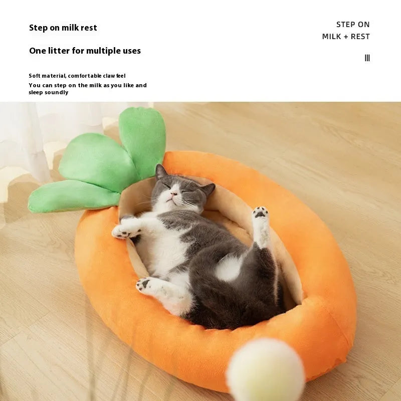 Carrot-shaped double-sided cloth pet mat for cats and dogs in carrot colour.