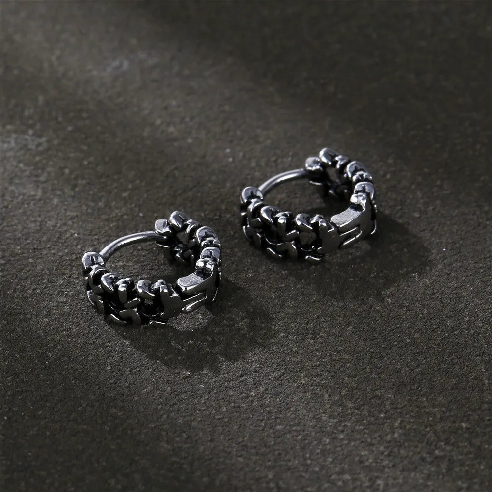 Men's copper geometric hip hop earrings in 10mm and 14mm sizes showing single and pair options