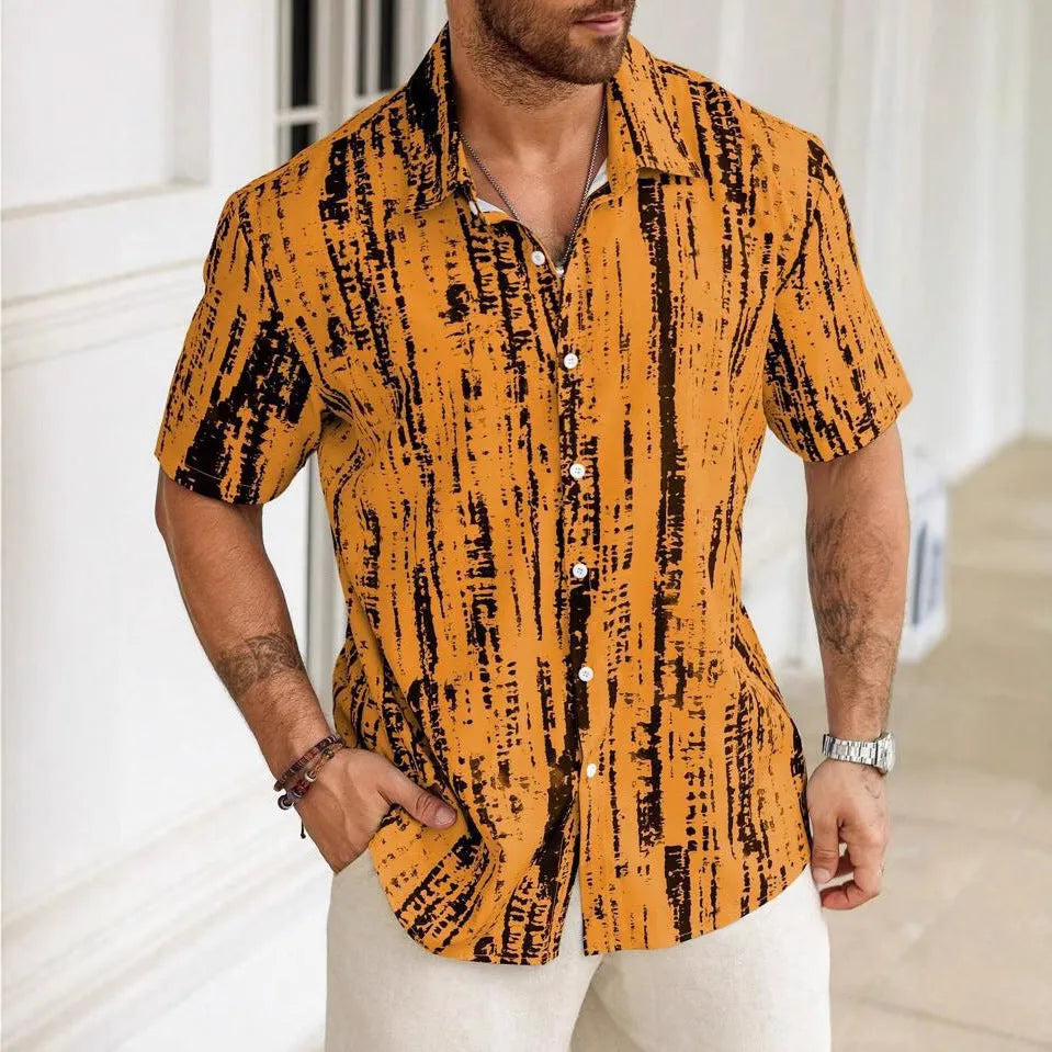 Men's short sleeve casual shirt with blue and white stripes, 3D digital printed on lightweight polyester fabric.