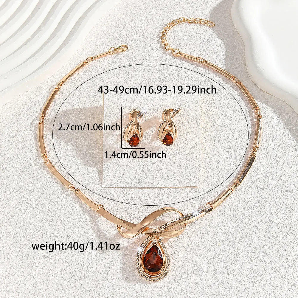 Gold Inlaid White Rhinestone Brown Crystal Necklace and Earrings Suite for Women V-Shaped Alloy Pendant with Fishtail and Fan-Shaped Elements Exaggerated Style