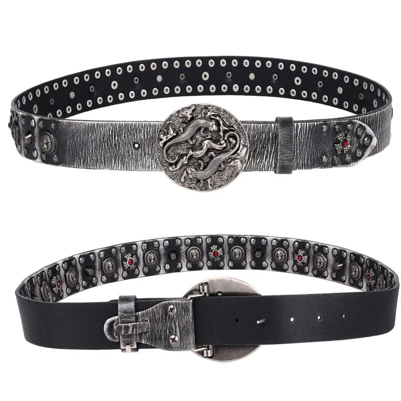Men's punk style leather belt with rivet detailing and alloy buckle in retro colour options