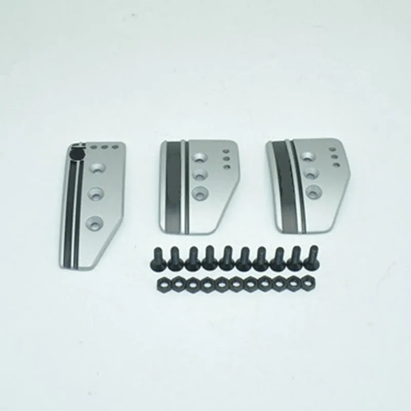 Aluminium alloy car pedal set for manual transmission showing brake, clutch, and accelerator with screws and nuts