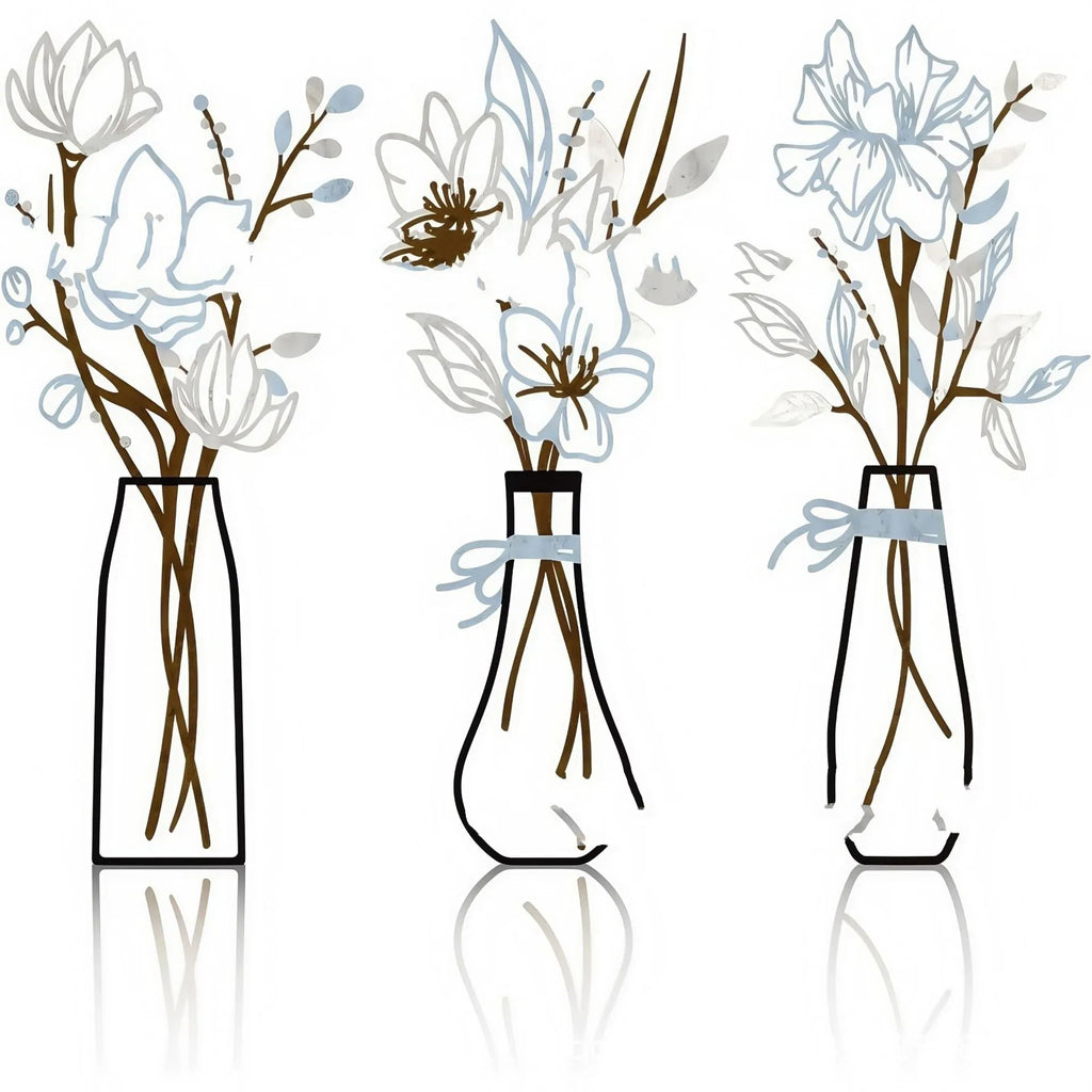 Three metal flower wall art pieces with colour vase designs for farmhouse bathroom decoration
