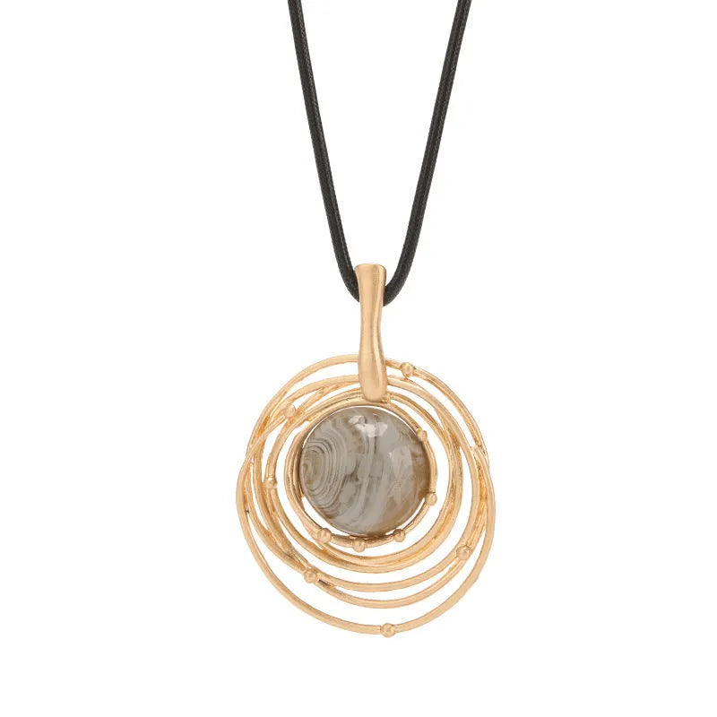 Vintage gold geometric plaid pendant necklace on adjustable snakeskin wax rope chain