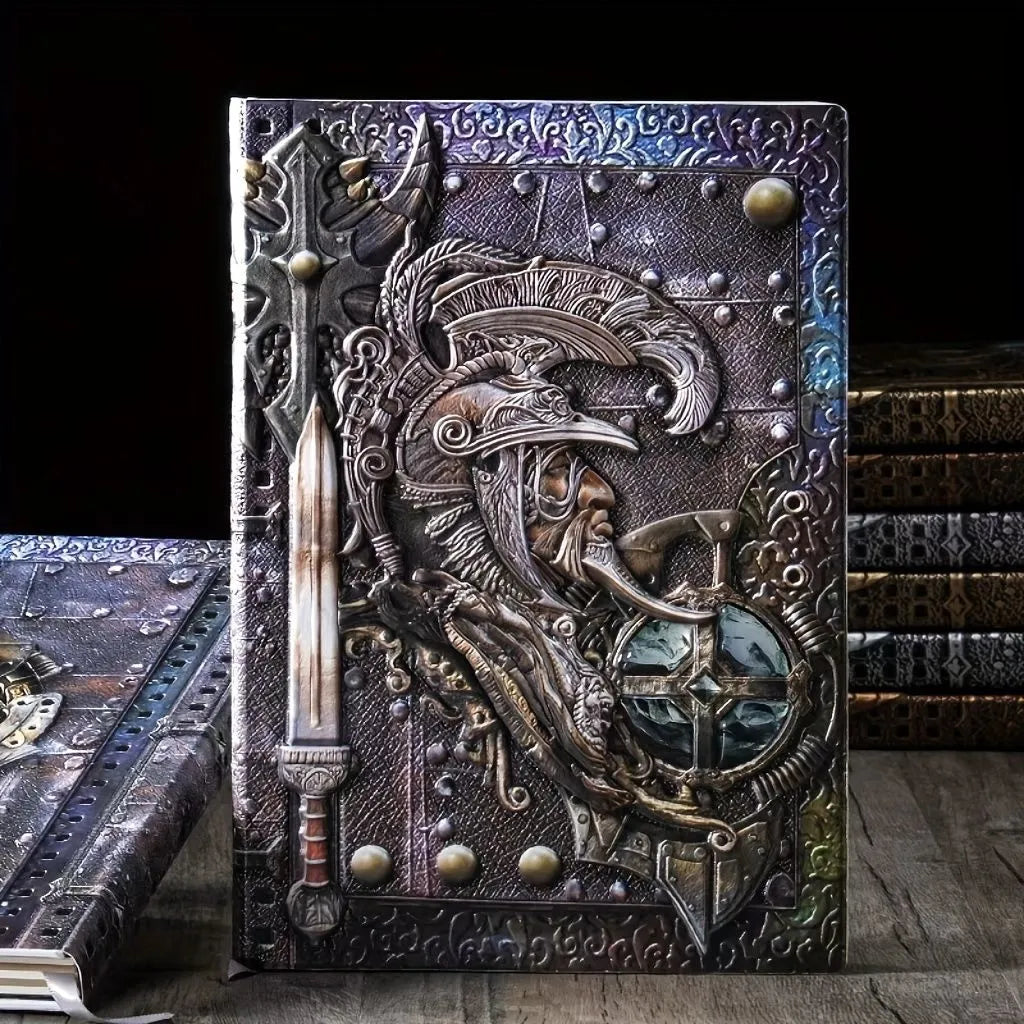 A5 leather notebook with 3D embossed warriors relief design in bronze, red bronze, silver, and multicolor colours.