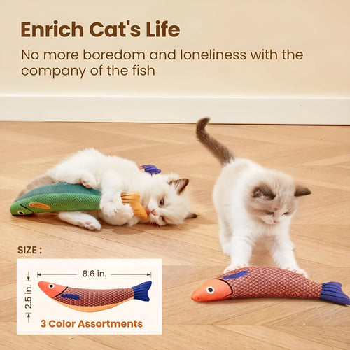 Green fish-shaped cat toy with organic catnip filling for indoor exercise