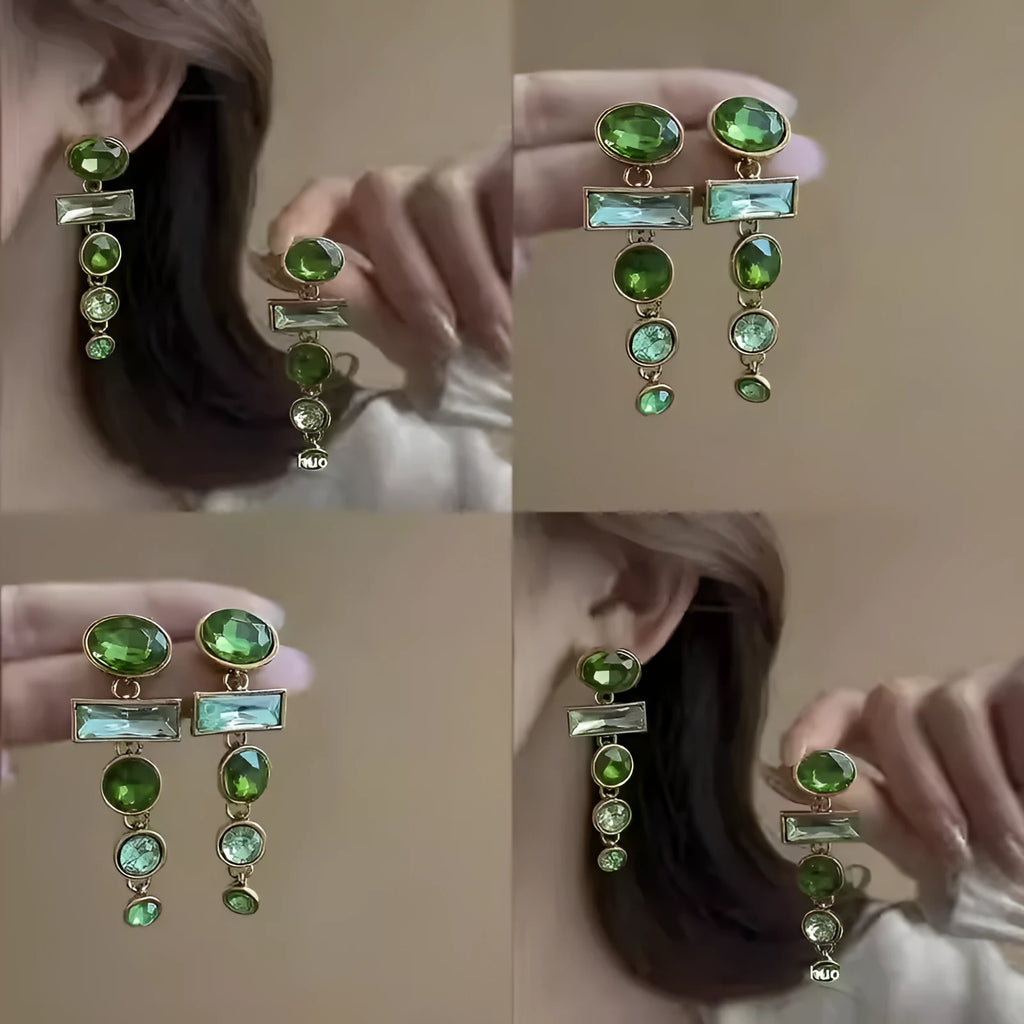 Green geometric tassel earrings with zircon inlaid design and Chinese-style aesthetic