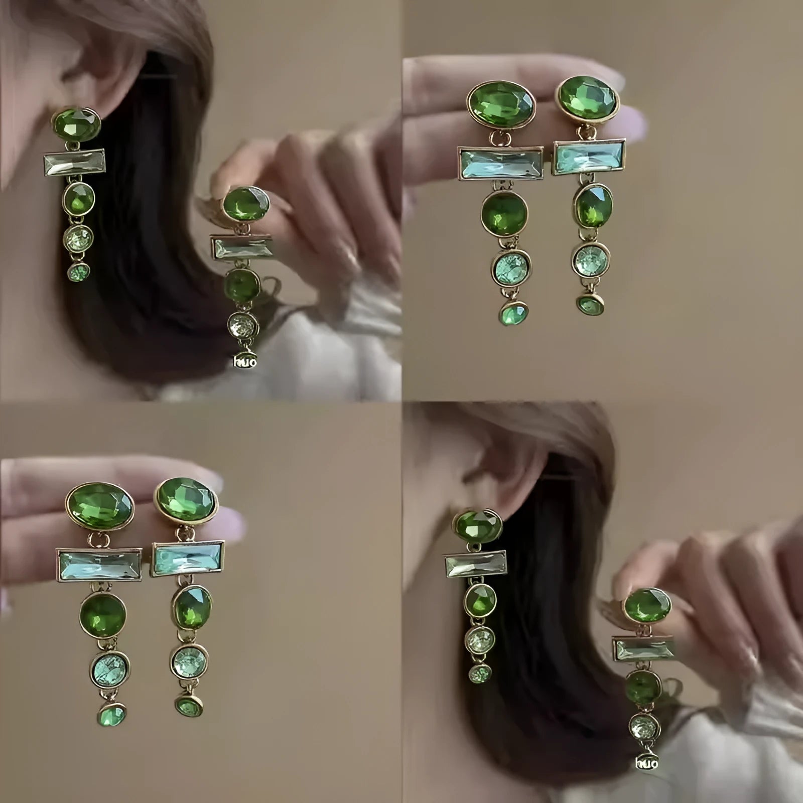 Green geometric tassel earrings with zircon inlaid design and Chinese-style aesthetic