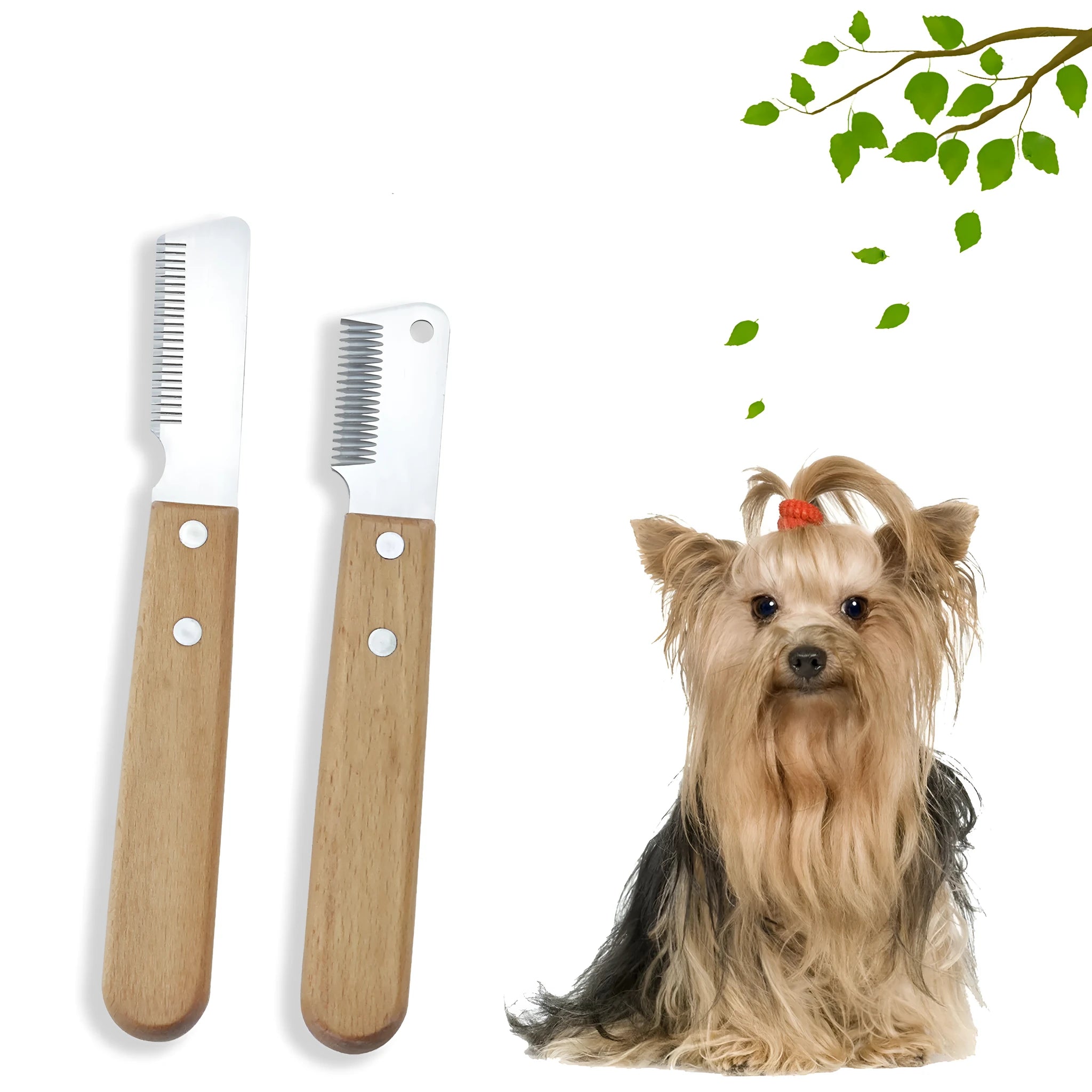 Pet stripping comb with wood handle and metal teeth for grooming long-haired dogs and cats.