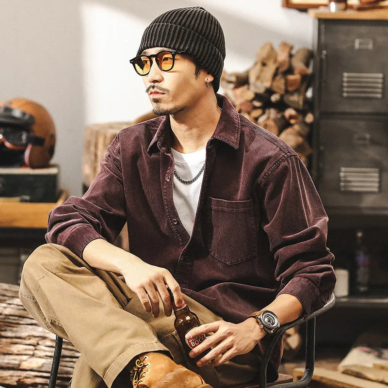 Men's loose-fit retro corduroy shirt in red, featuring long sleeves and a button-front design.
