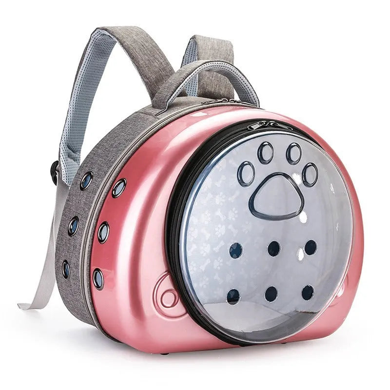 Transparent space capsule style cat carrier backpack in PC canvas with a coloured front shell.