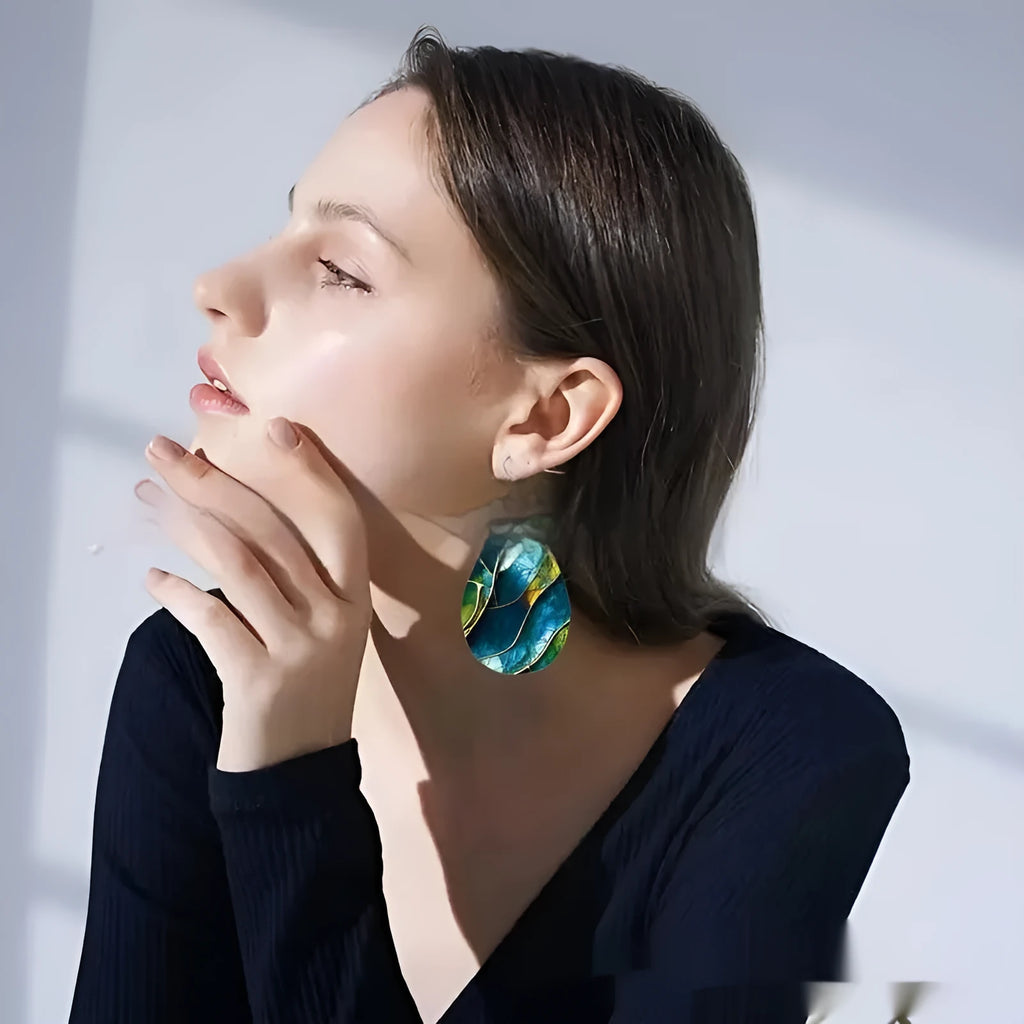 Acrylic flat branch knot earrings with printed drop shape design in style variations
