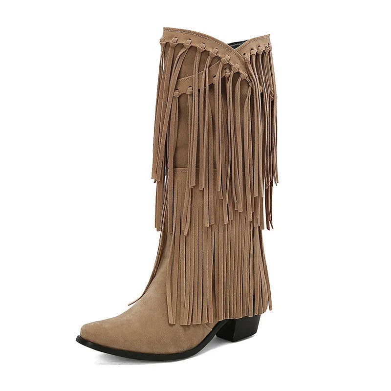 Women's black suede knee-high boots with a chunky heel and tassel decoration.