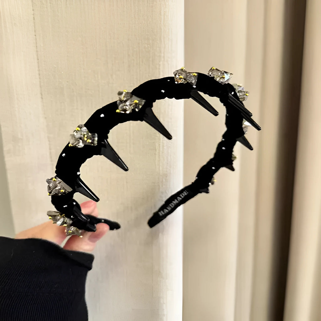 French velvet crystal wave hair pressing headband in wine red colour with hand-beaded detailing