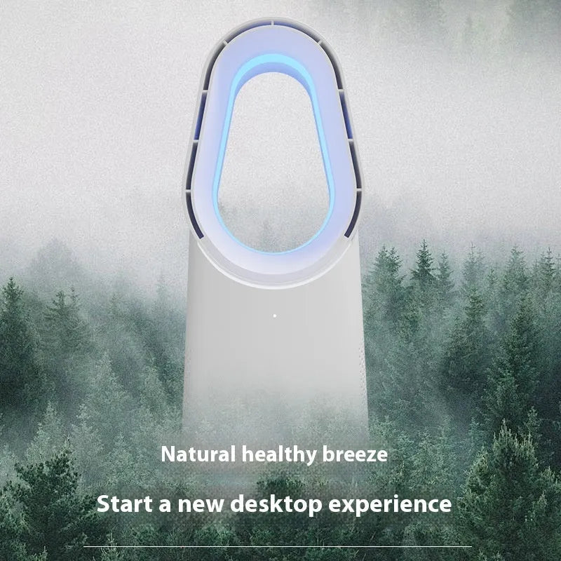 White SK bladeless tower fan standing on a floor, showing its sleek column design and touch control panel.