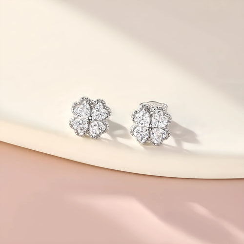 925 silver heart-shaped zircon earrings with four-leaf clover design in white gold colour