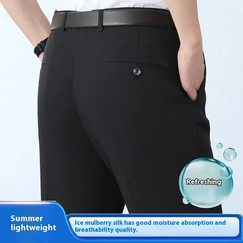 Men's mulberry silk business trousers in straight leg cut with high waist design