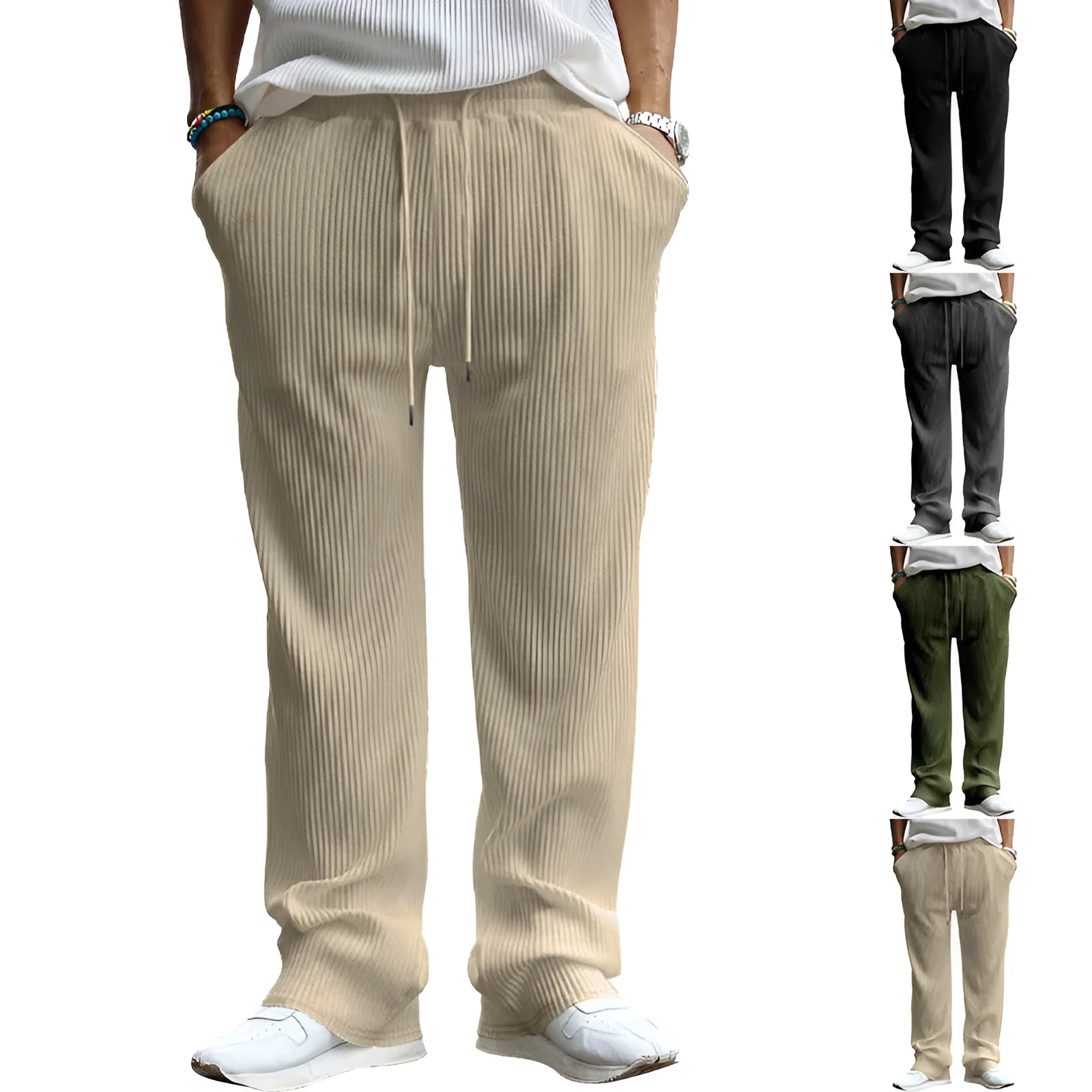 Man wearing loose-fit, high-waist, straight-leg casual trousers in a striped pattern.