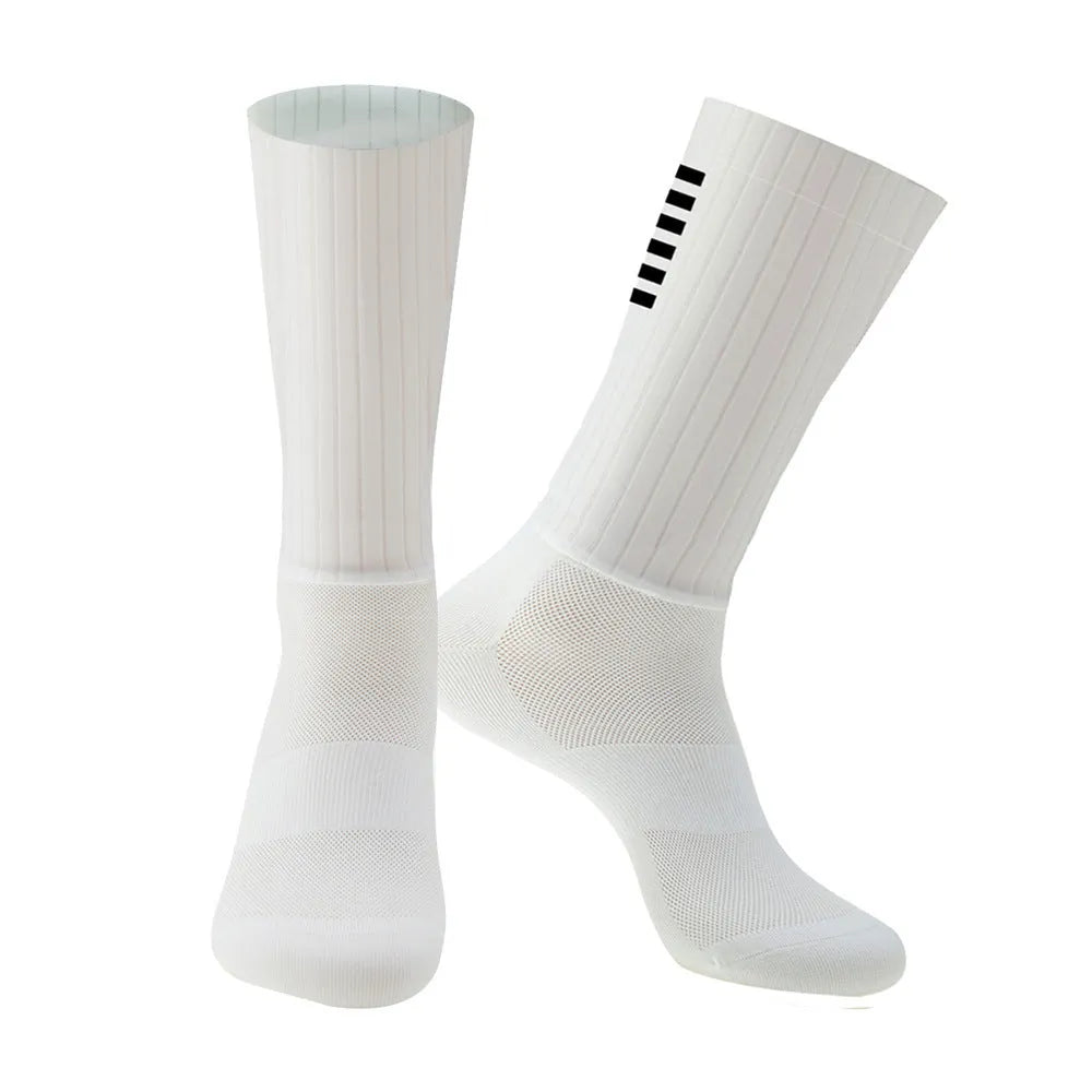 Cycling socks in orange, black, purple, white, grey, or dark blue with moisture-wicking fabric