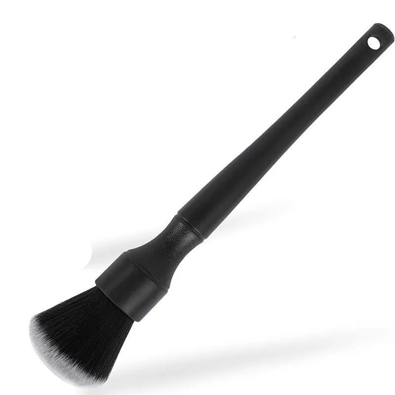 Black car detailing brush with pig hair bristles and PP plastic handle shown in two size options.