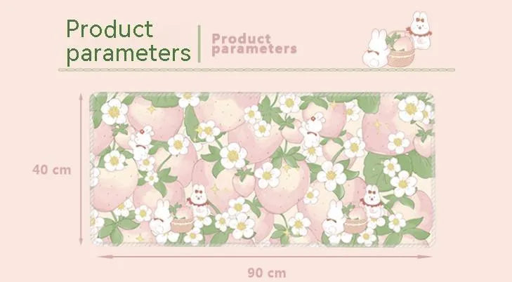 Large floral cartoon pattern mouse pad on a desk, showing non-slip rubber base and colourful design.