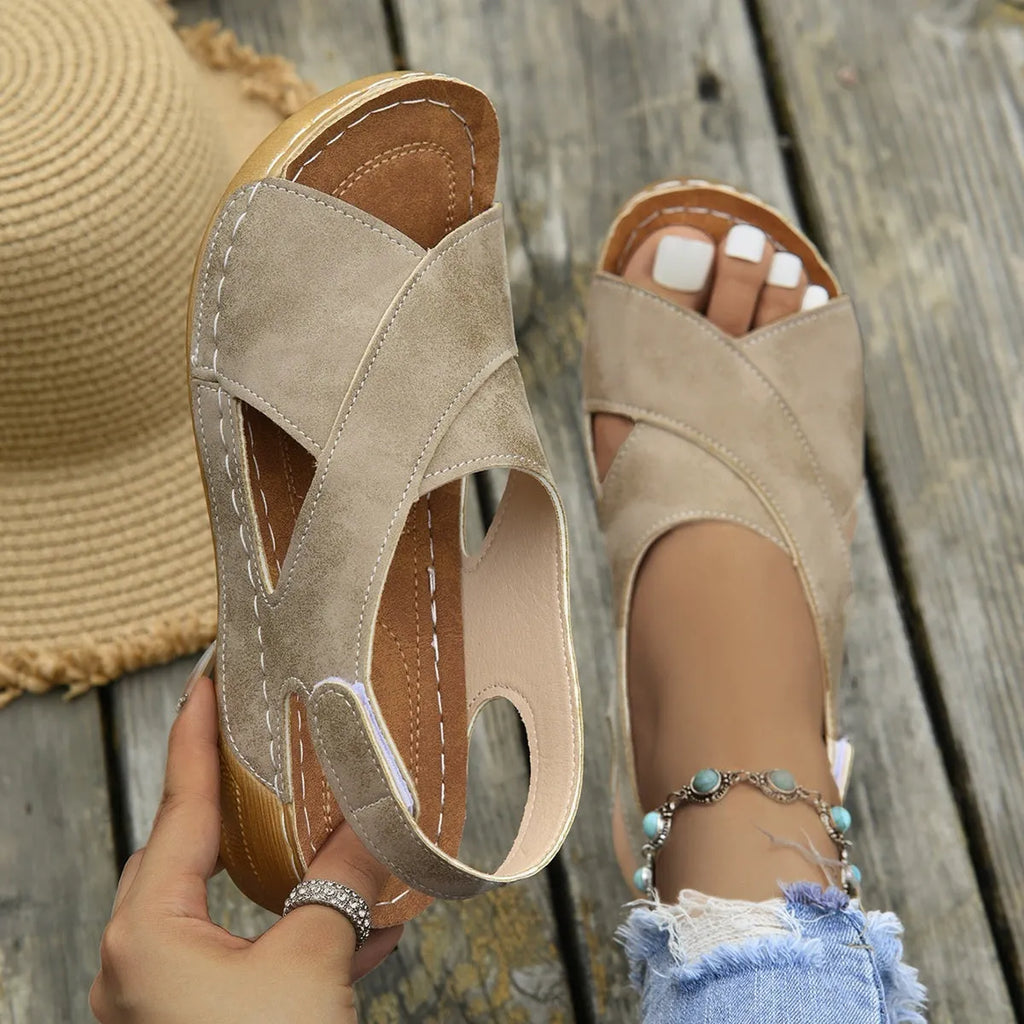 Women's brown Roman platform sandals with Velcro straps and open toe