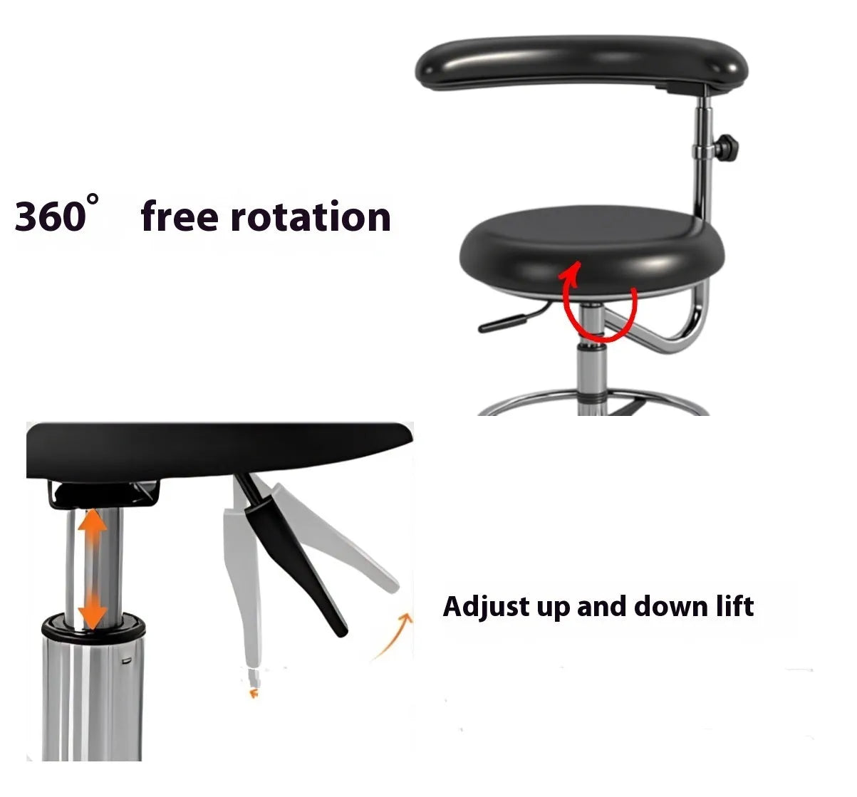 Black leather dental chair with height adjustment and tilt function for hospital use