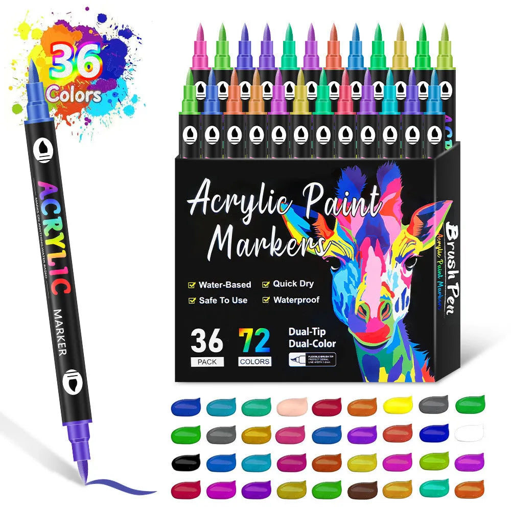 Set of double-tipped acrylic marker pens showing washable opaque colours in 12, 24 or 36 piece options