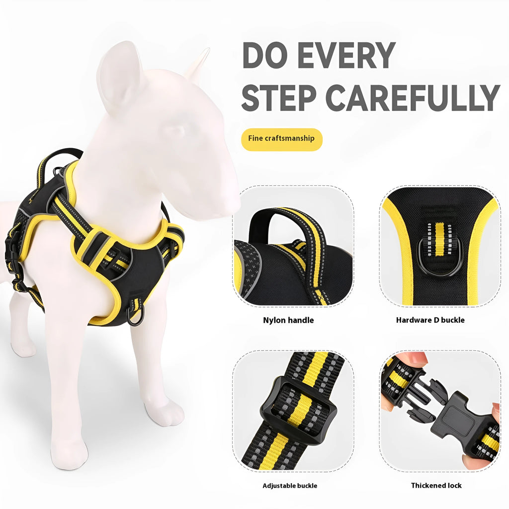 Orange polyester dog harness with integrated training lead shown in outdoor setting