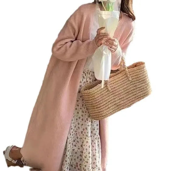 Women's mid-length V-neck knitted cardigan in khaki colour with long sleeves