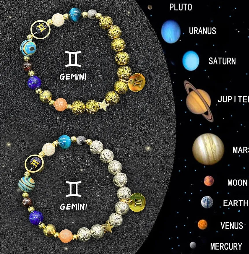 Set of two natural stone beaded bracelets with twelve different zodiac sign designs.