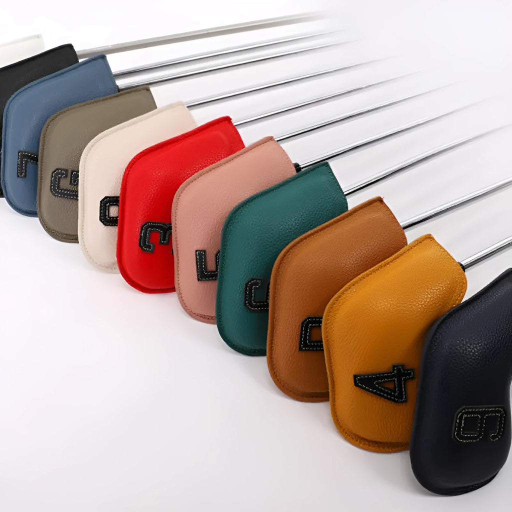Set of 10 PU golf club head covers with minimal digital print in mixed colours