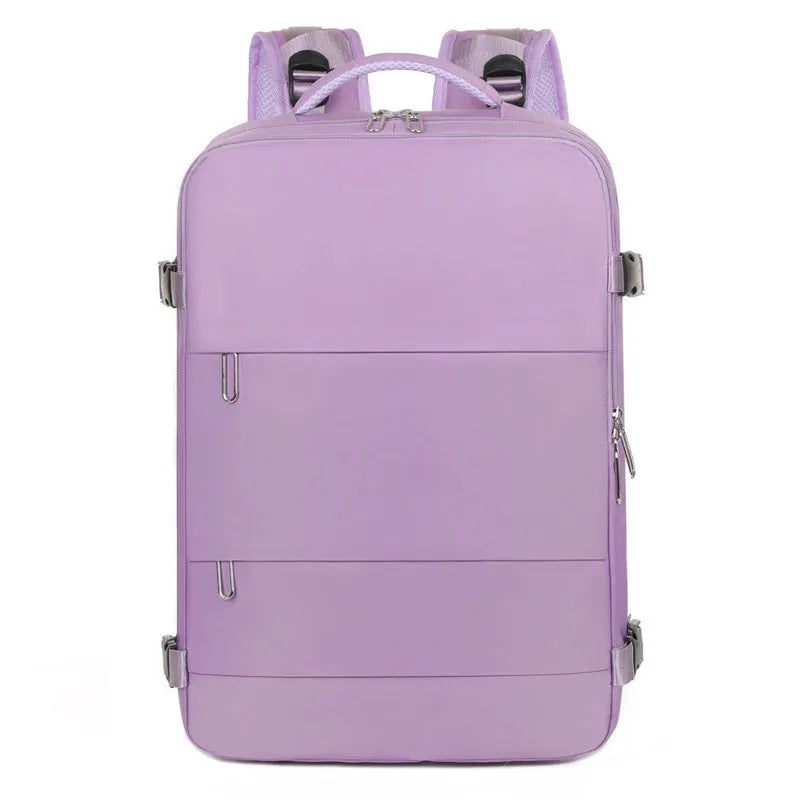 Large-capacity purple travel backpack for women with multiple compartments and an air pillow shoulder strap.