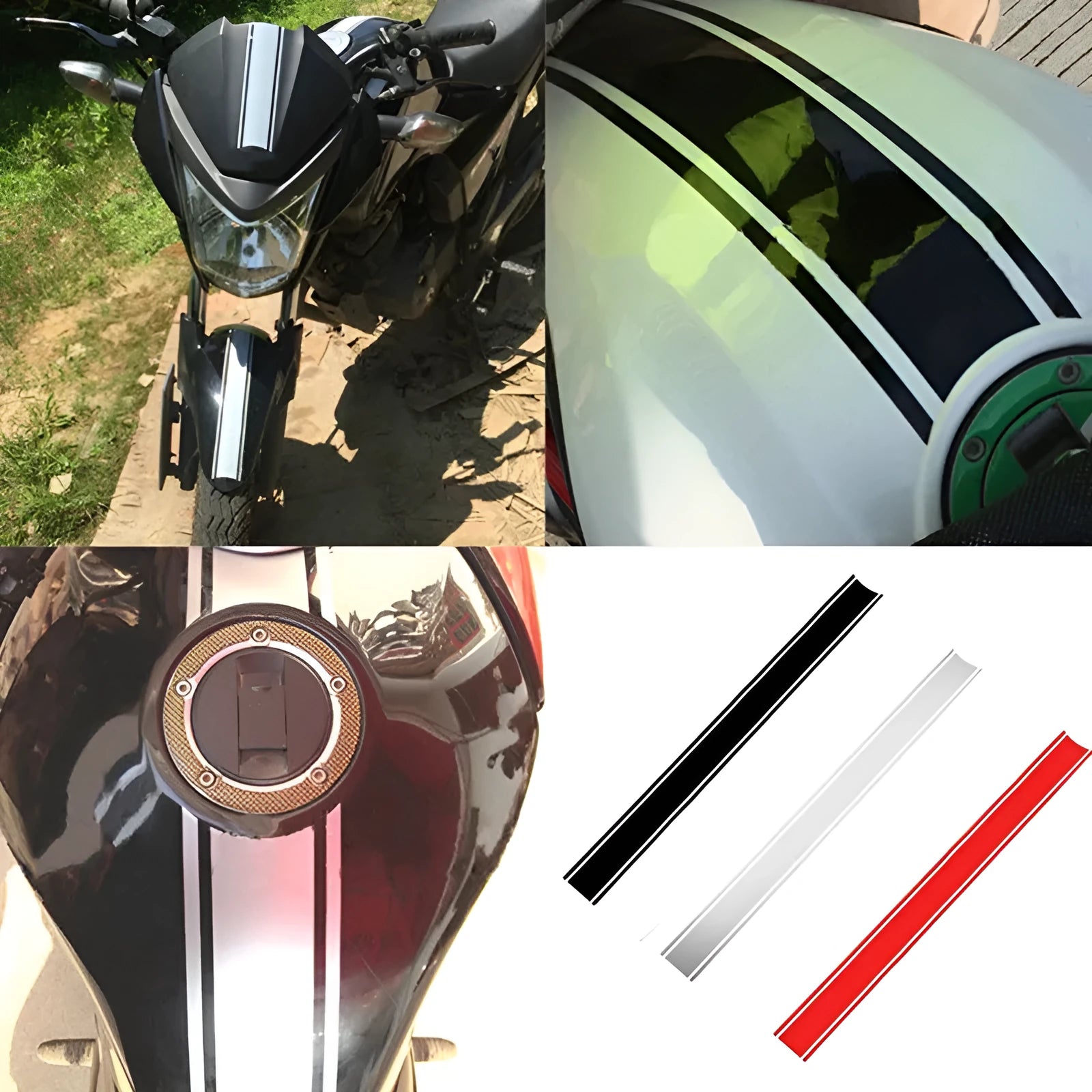 Motorcycle reflective pinstripe sticker roll in black, red, silver, or yellow, measuring 50cm by 4.5cm.