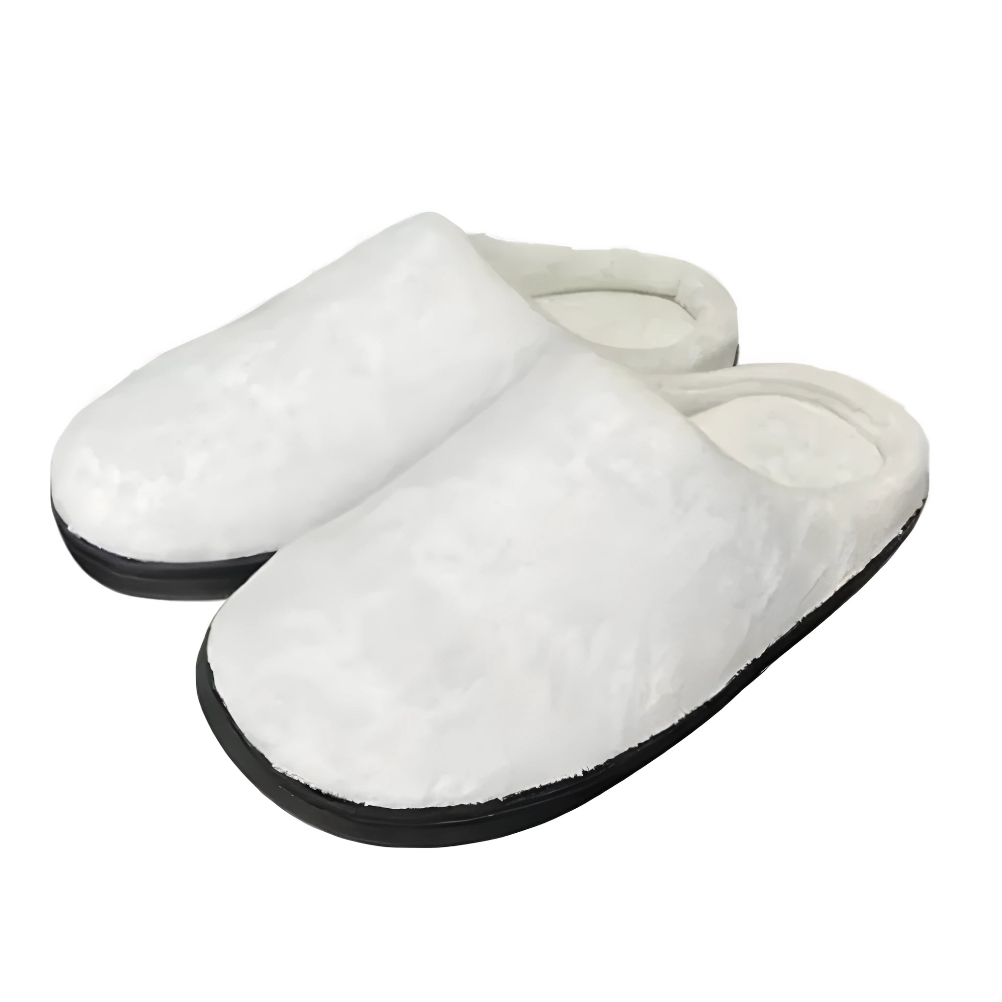 A pair of printed cotton flannel slippers with a raised heel, shown on a colour background.