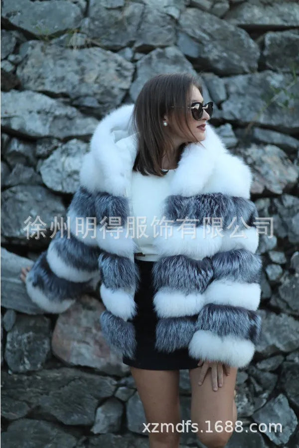 Women's loose fit hooded coat in artificial fur, shown in brown and white silver fox colours