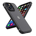 Anti-fall protective phone case for iPhone 13 in black with carbon fibre pattern detailing