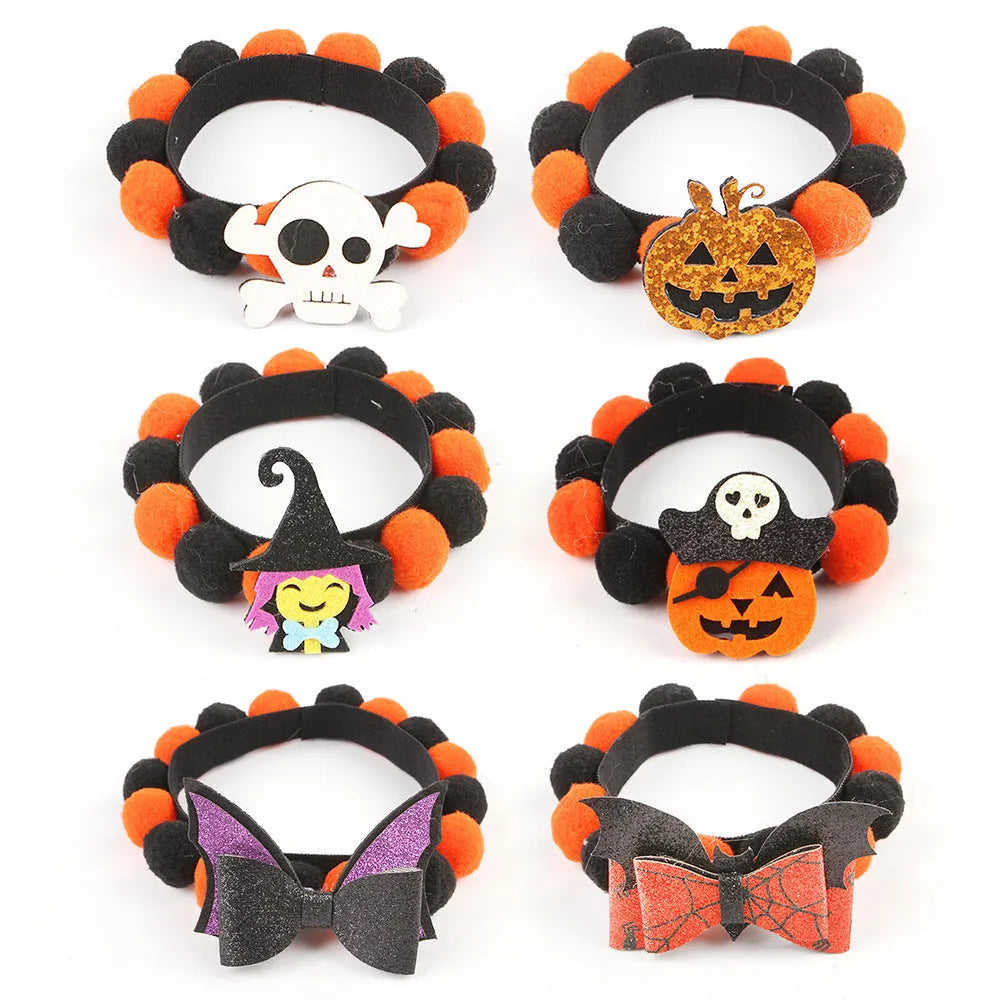 Halloween pet collar with fur ball decorations in pumpkin, skull, witch and bow designs